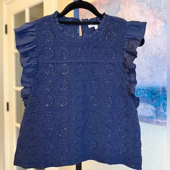 New Skies are Blue Crochet Flutter Sleeve Top Women’s XS Navy Ruffles - Picture 2 of 6
